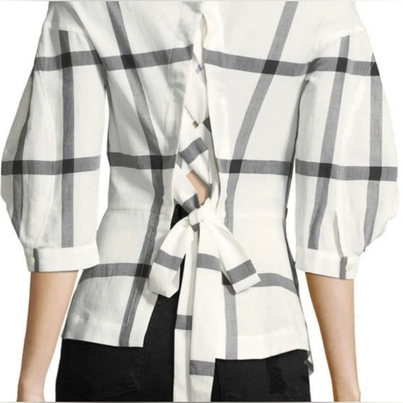 DEREK LAM - 10 Crosby Luxury ¾ Sleeve Check-Print Shirt w/ Lace-Up Back SIZE 2 - Picture 6 of 8